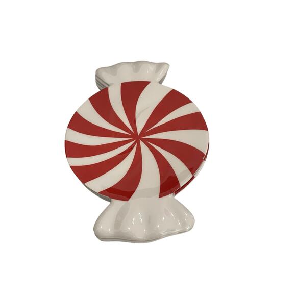 Peppermint Candy Shaped Christmas Melamine Appetizer Plate Set 4 Red White New - Picture 9 of 13